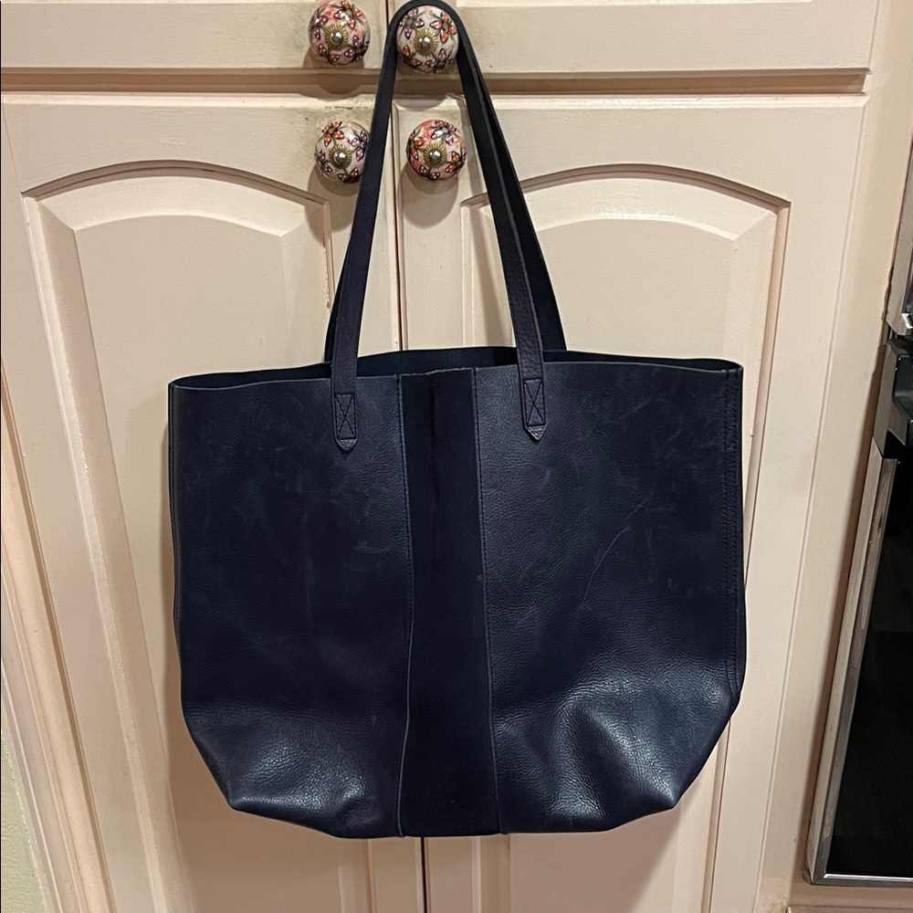Madewell Navy large Blue transport tote suede stripe Leather